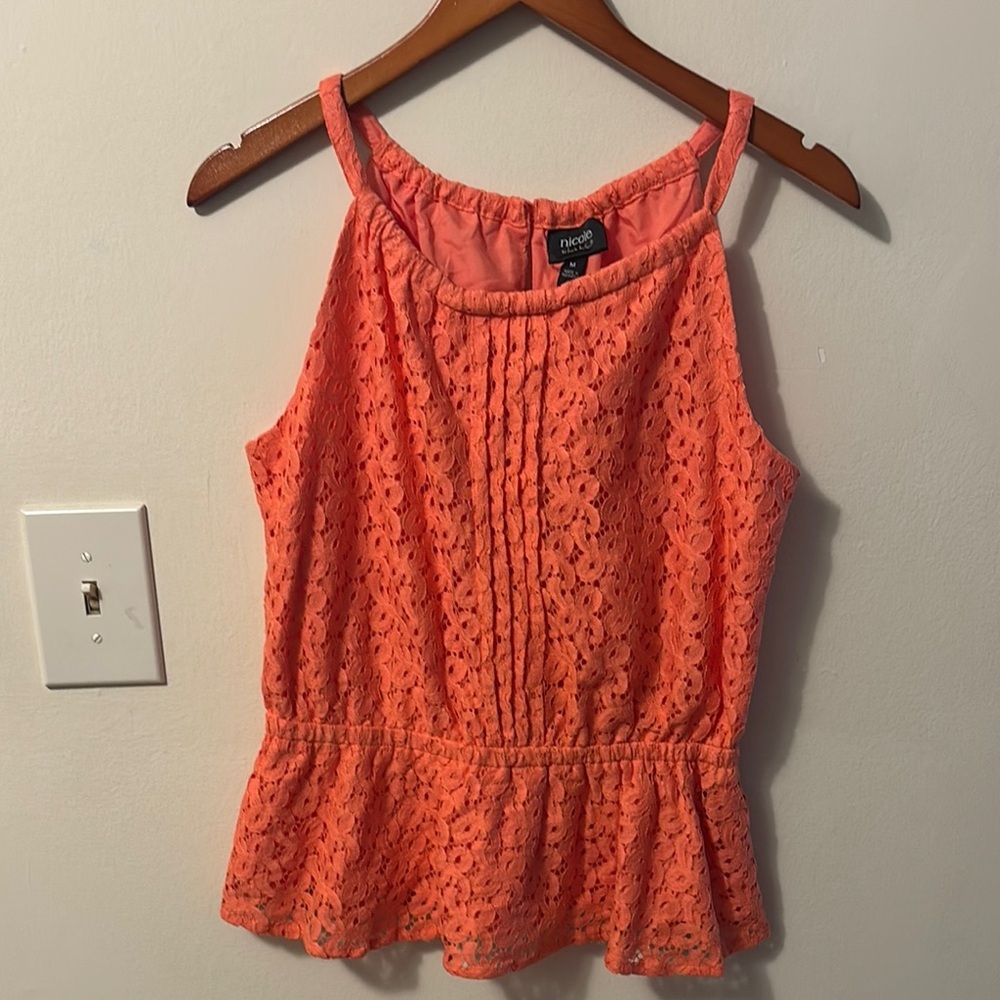 Nicole Miller orange lace blouse Sleeveless Peplum Lace Overlay Top Size M NWT
